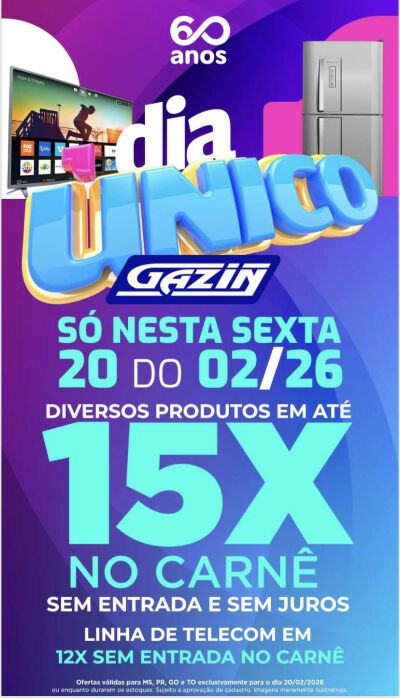 Imagem da notícia Gazin celebra 60 anos com “Dia Único” de ofertas e parcelamento em até 15 vezes nesta sexta-feira